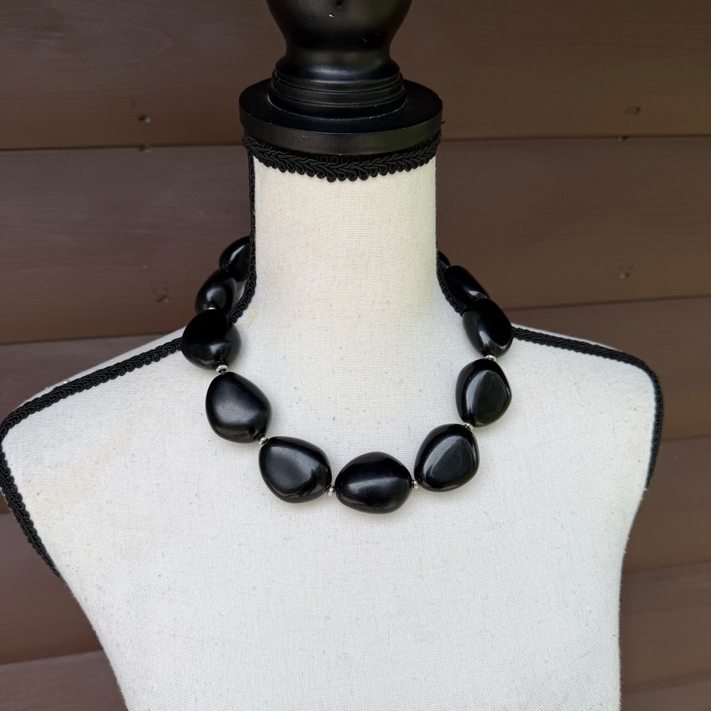 Chaps Chunky Bead Statement Necklace Women Black Organic Shape Toggle Closure
